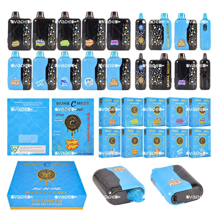 Collage de Cookies x Muha Meds desechable 2g vacío con 10 sabores, empaque y especificaciones del dispositivo.