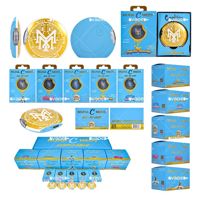 muha meds x cookies 2g vape desechable vacío con empaque azul y 5 versiones