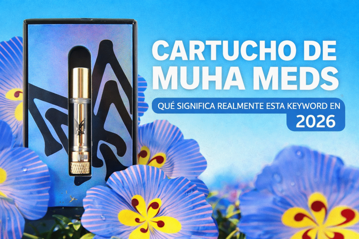 Portada del blog sobre cartucho de Muha Meds en 2026 con empaque azul y flores azules