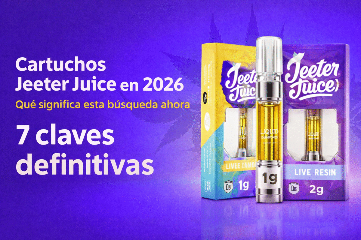Portada del artículo sobre cartuchos Jeeter Juice en 2026 con dos cartuchos y el texto 7 claves definitivas.