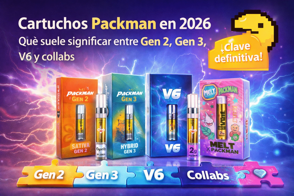 Portada del artículo sobre cartuchos Packman en 2026 con un mapa visual de Gen 2, Gen 3, V6 y collabs.