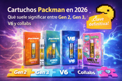 Portada del artículo sobre cartuchos Packman en 2026 con un mapa visual de Gen 2, Gen 3, V6 y collabs.