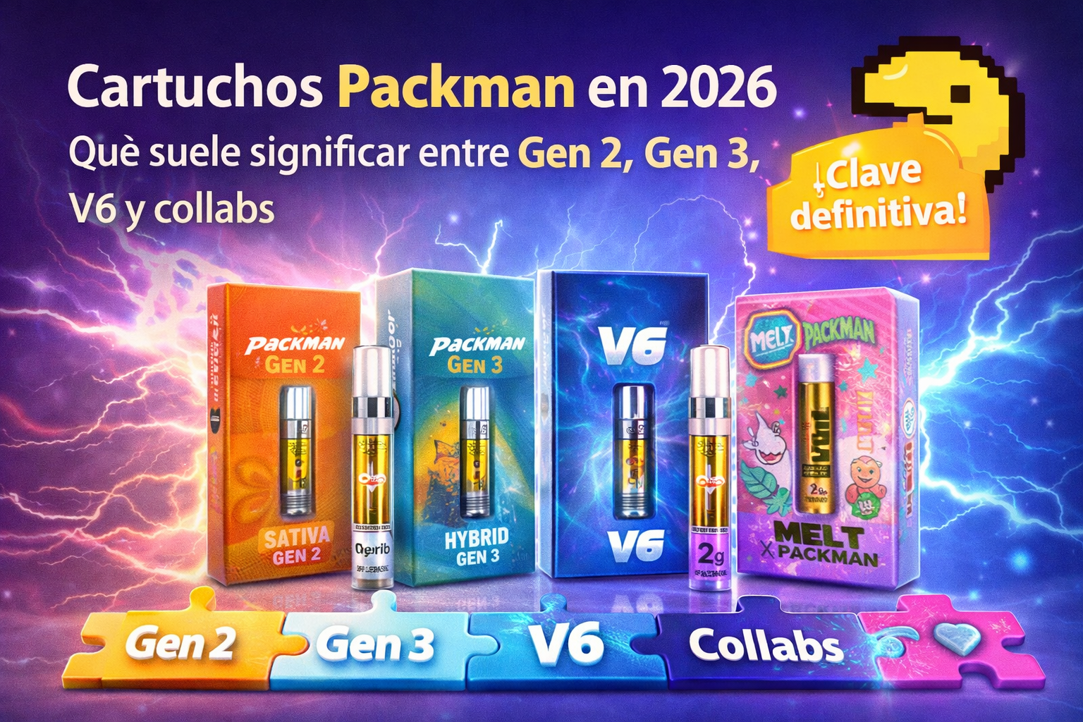 Portada del artículo sobre cartuchos Packman en 2026 con un mapa visual de Gen 2, Gen 3, V6 y collabs.