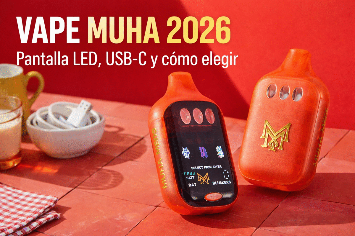 Vape Muha con pantalla LED y carga USB-C sobre fondo rojo