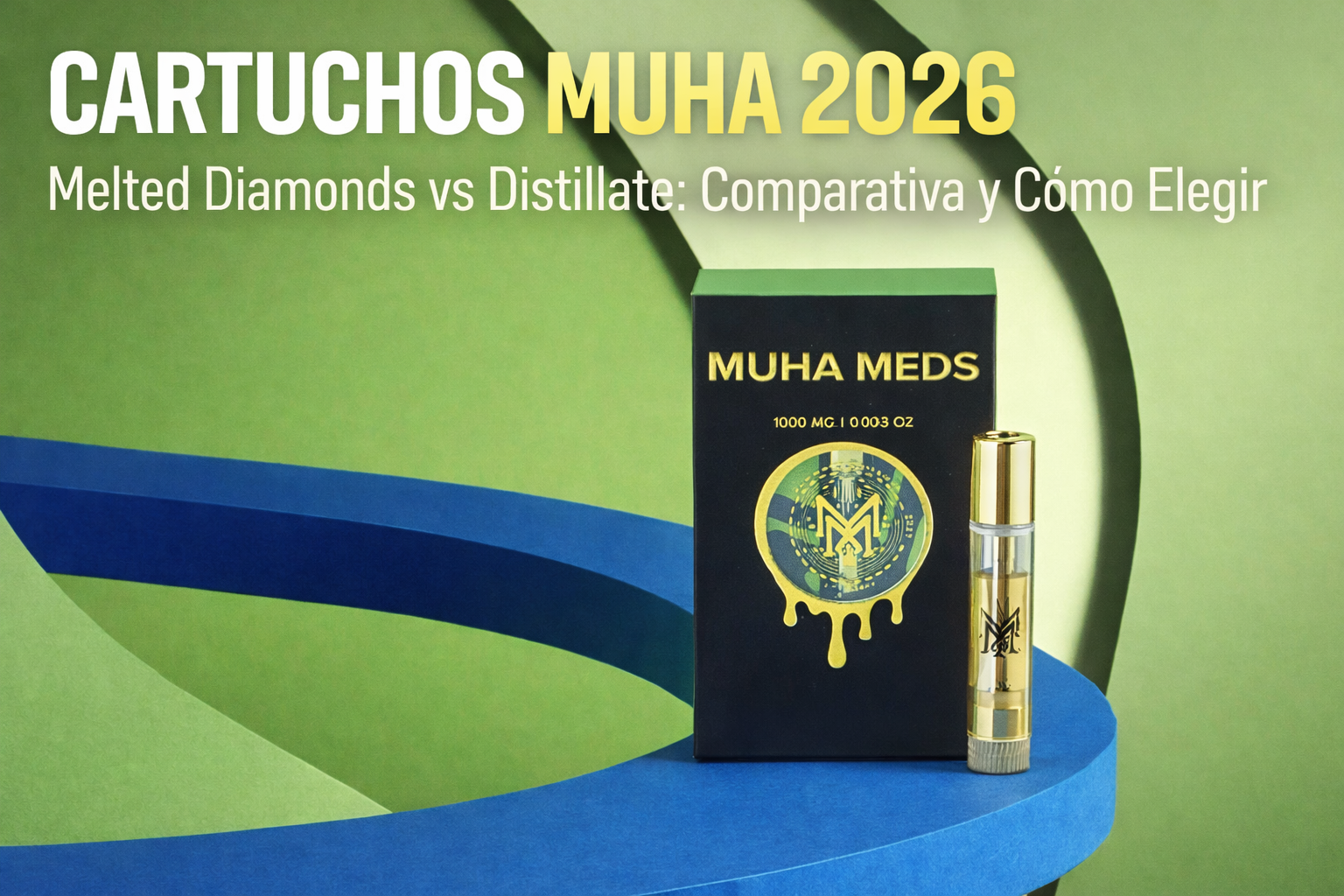 Cartuchos Muha con empaque y cartucho sobre fondo verde y azul