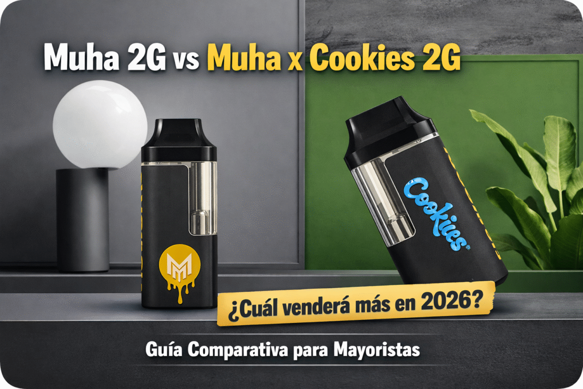 Portada comparativa de Muha 2G y Muha x Cookies 2G para mayoristas en 2026.