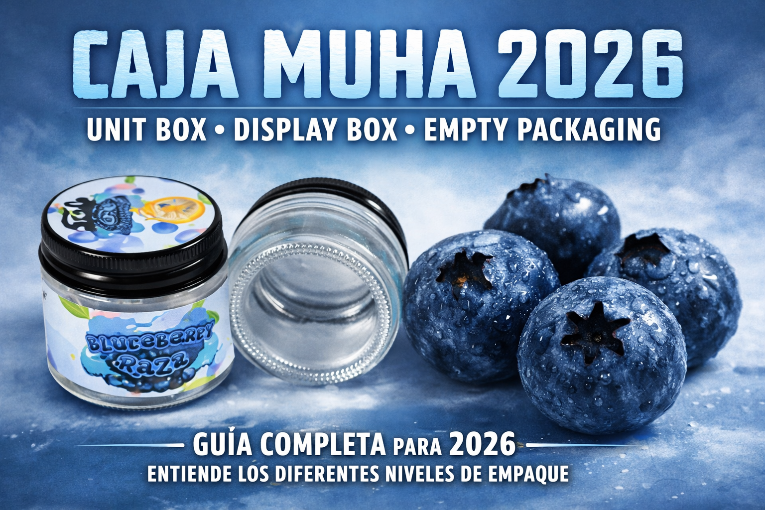 Caja Muha 2026: portada horizontal sobre unit box, display box y empty packaging.