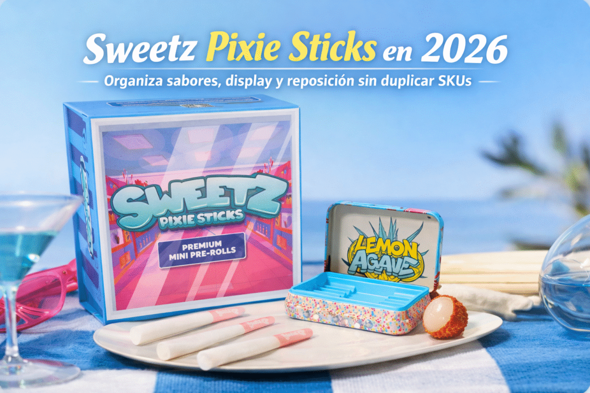 Portada de Sweetz Pixie Sticks con caja azul, estuche Lemon Agave y mini pre-rolls frente al mar
