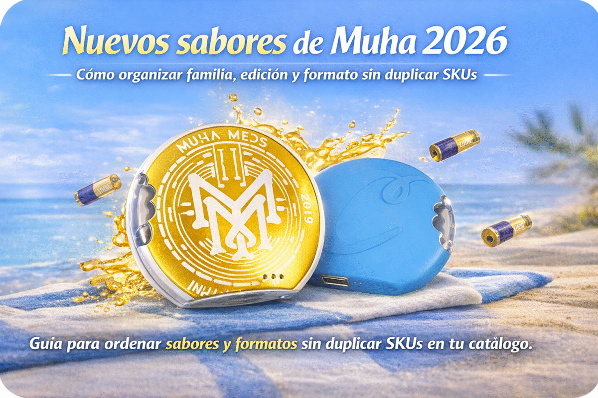 Portada de nuevos sabores de muha 2026 con dispositivo Muha Meds dorado y azul frente al mar