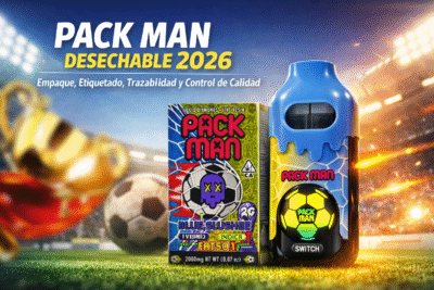 Portada de Pack Man desechable 2026 con dispositivo y empaque estilo fútbol sobre un campo iluminado