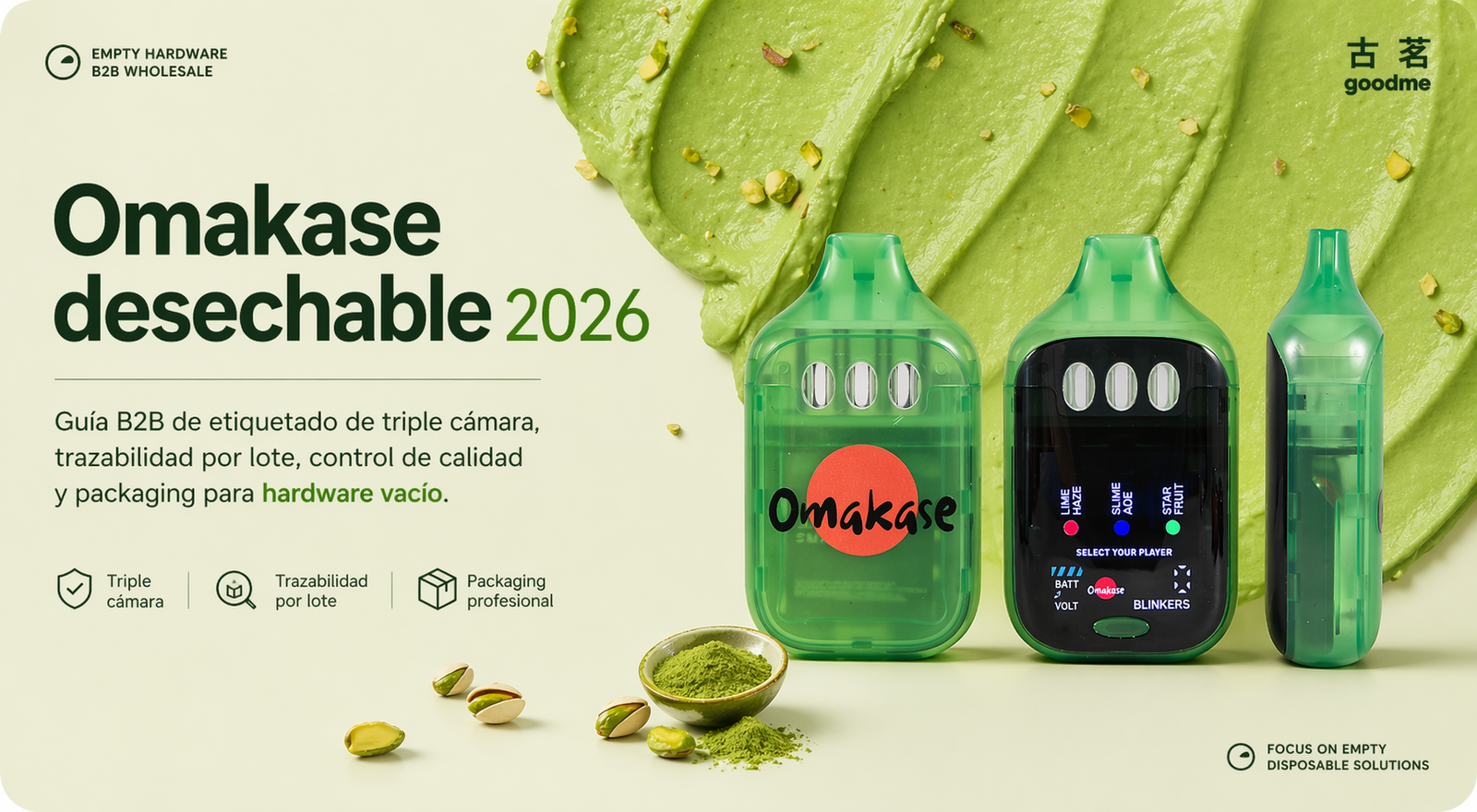 Portada de Omakase desechable 2026 con hardware vacío de triple cámara en diseño verde