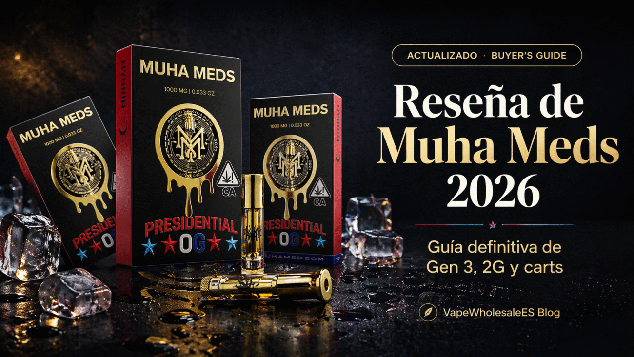Portada de reseña de Muha Meds 2026 con cajas Muha Meds Presidential OG y cartuchos sobre fondo oscuro