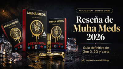 Portada de reseña de Muha Meds 2026 con cajas Muha Meds Presidential OG y cartuchos sobre fondo oscuro