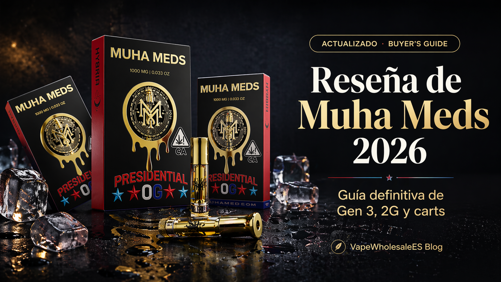 Portada de reseña de Muha Meds 2026 con cajas Muha Meds Presidential OG y cartuchos sobre fondo oscuro