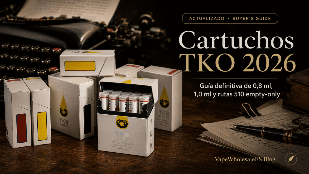 Portada de cartuchos TKO 2026 con cajas TKO Extracts sobre escritorio oscuro y guía 510 empty-only