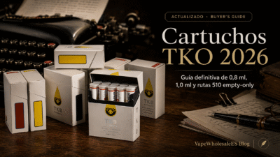 Portada de cartuchos TKO 2026 con cajas TKO Extracts sobre escritorio oscuro y guía 510 empty-only