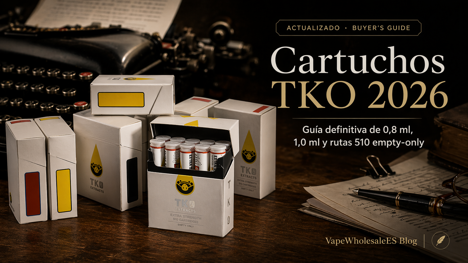 Portada de cartuchos TKO 2026 con cajas TKO Extracts sobre escritorio oscuro y guía 510 empty-only