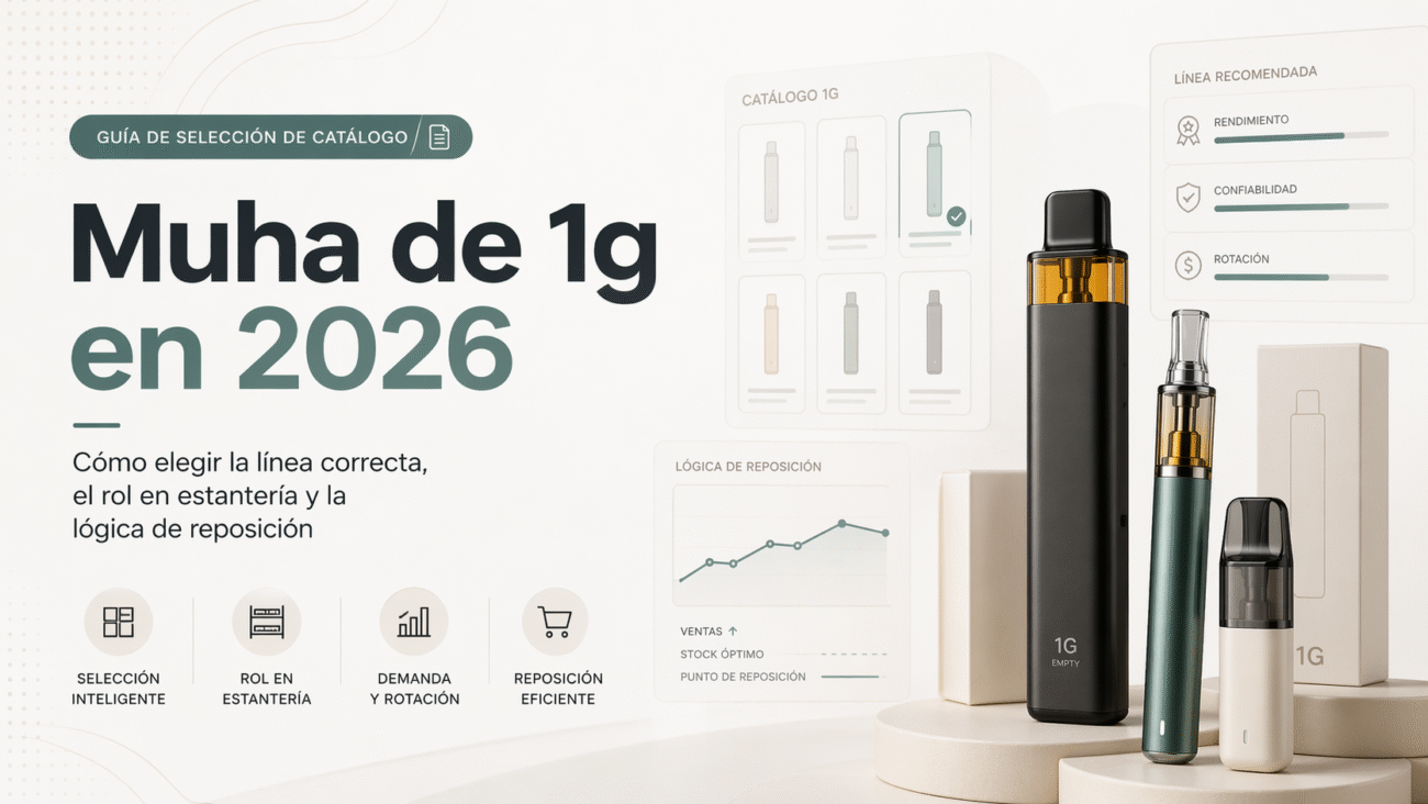 Portada del blog sobre Muha de 1g en 2026 con guía de selección de catálogo y dispositivos empty vape de 1g