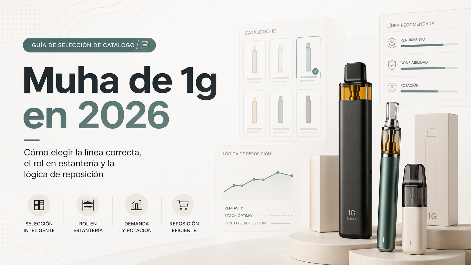 Portada del blog sobre Muha de 1g en 2026 con guía de selección de catálogo y dispositivos empty vape de 1g
