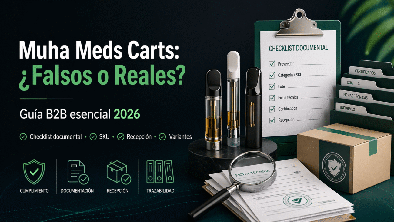 Portada de guía B2B 2026 sobre muha meds carts falsos o reales con checklist documental, SKU y recepción