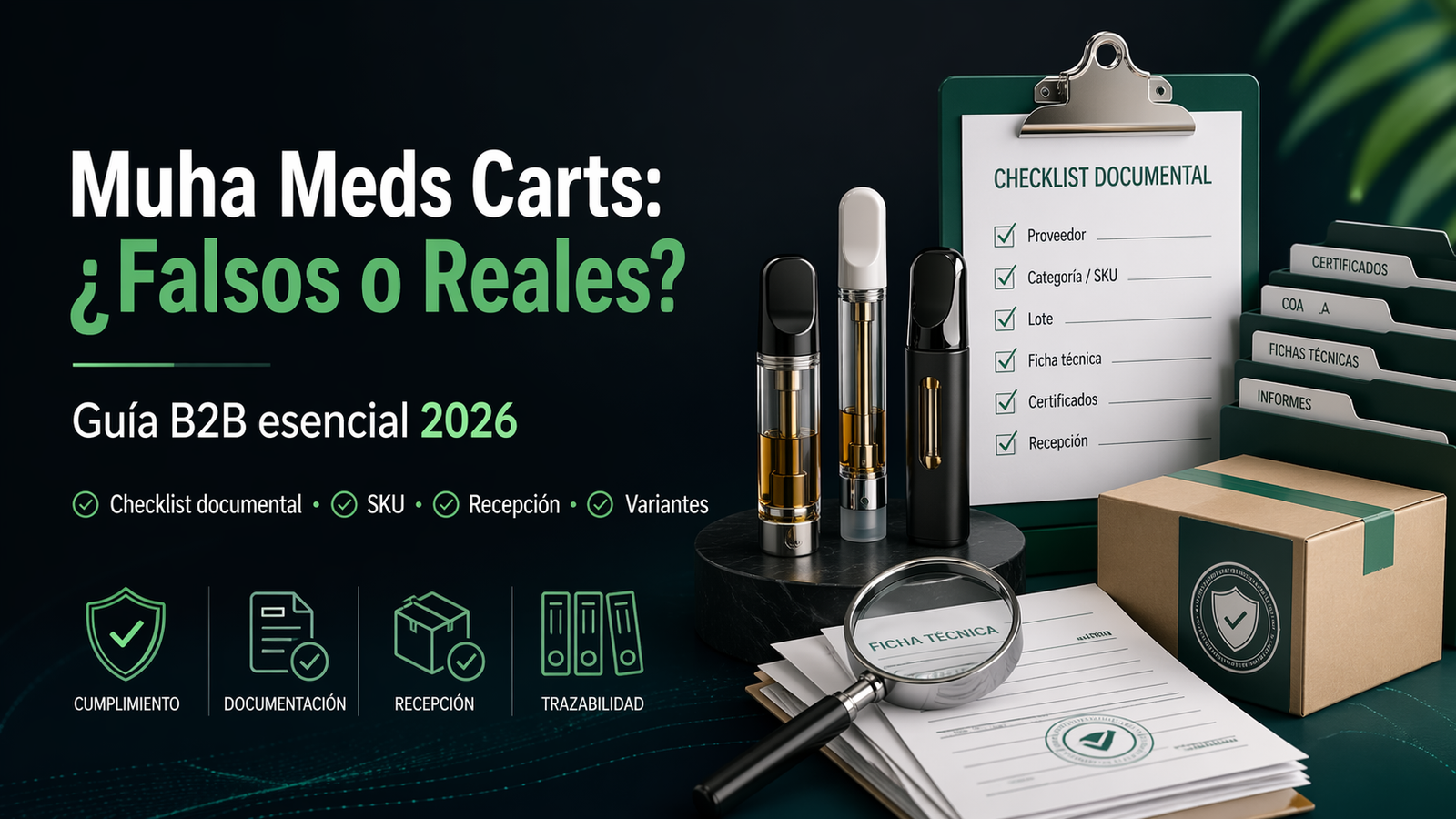 Portada de guía B2B 2026 sobre muha meds carts falsos o reales con checklist documental, SKU y recepción