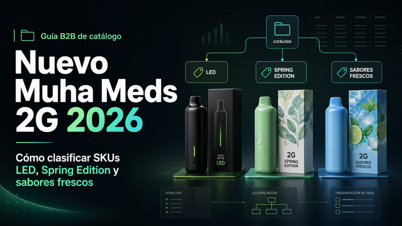 Portada de guía B2B Nuevo Muha Meds 2G 2026 para clasificar SKUs LED, Spring Edition y sabores frescos.