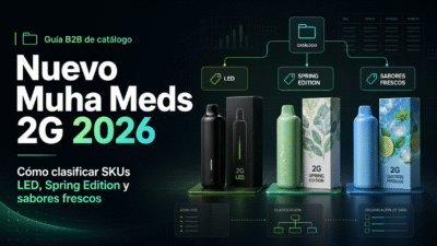 Portada de guía B2B Nuevo Muha Meds 2G 2026 para clasificar SKUs LED, Spring Edition y sabores frescos.
