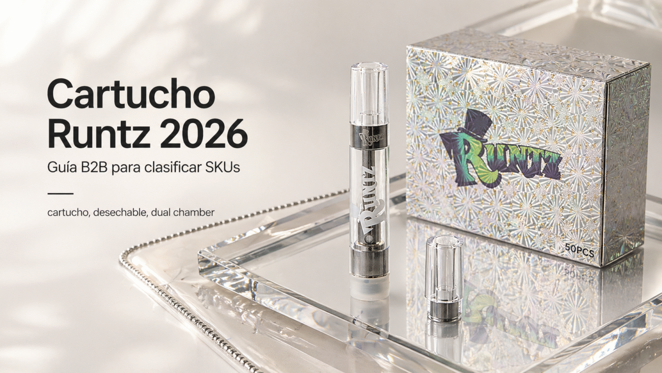Portada de blog Cartucho Runtz 2026 con cartucho, empaque holográfico y guía B2B para clasificar SKUs.