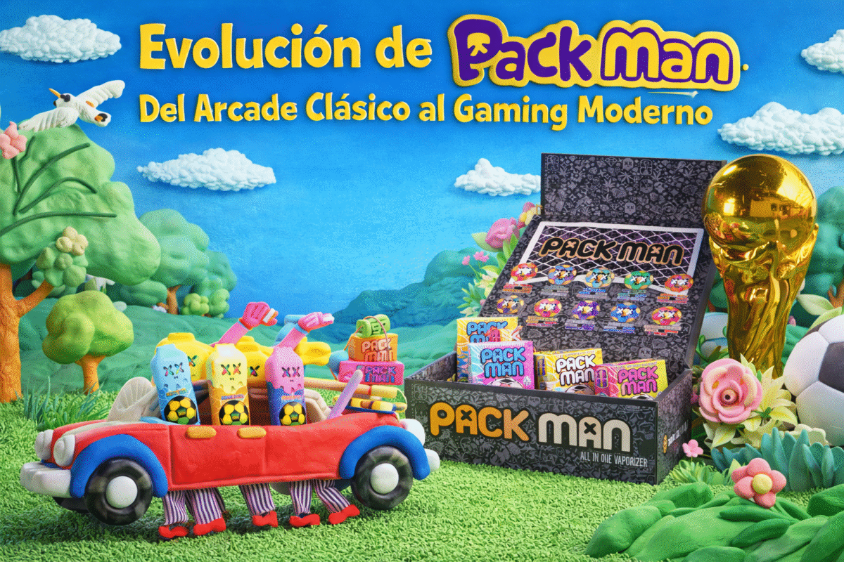 Portada de pack man con productos Packman en un paisaje colorido inspirado en el arcade clásico y el gaming moderno.