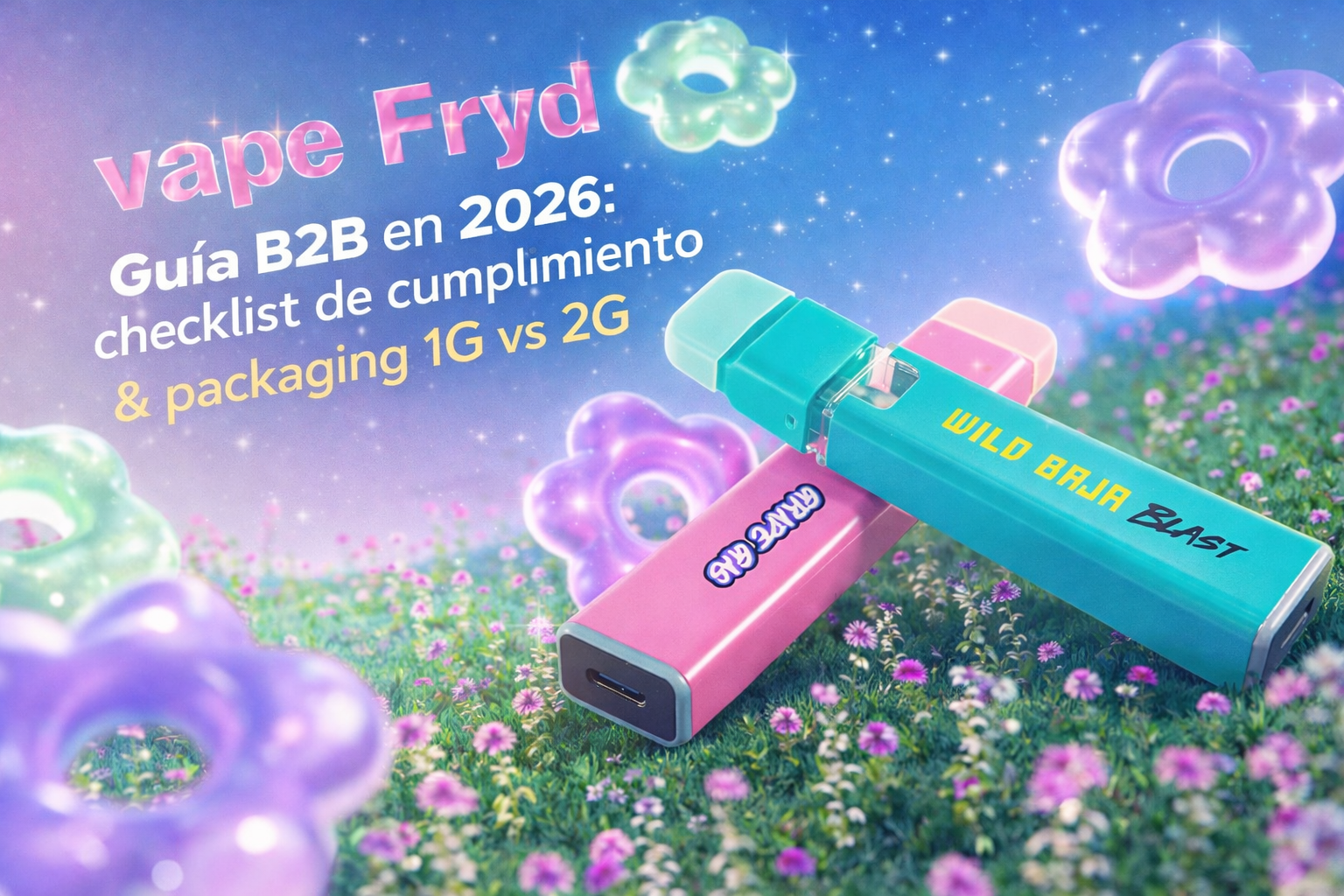 Dos dispositivos vape Fryd en la portada de una guía B2B 2026 sobre packaging y cumplimiento para formatos 1G y 2G.