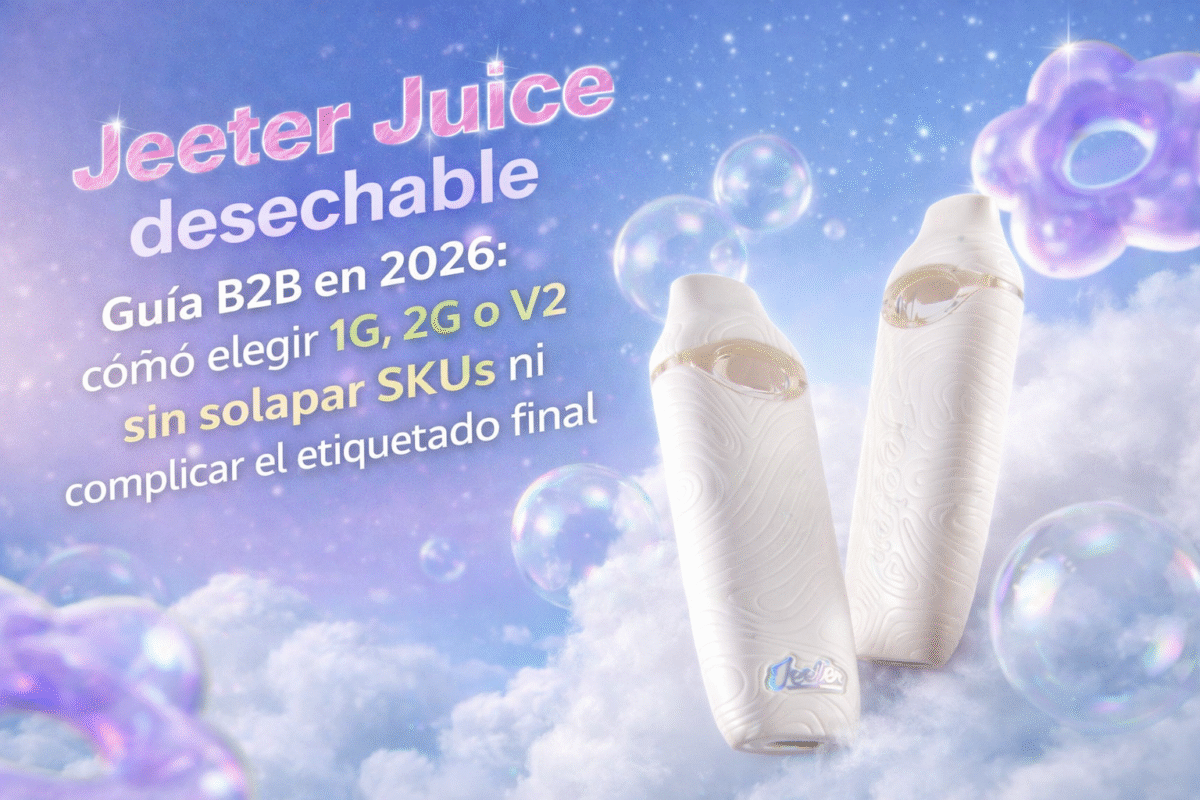 Portada de Jeeter Juice desechable con dos dispositivos blancos para una guía B2B 2026 sobre 1G, 2G y V2.