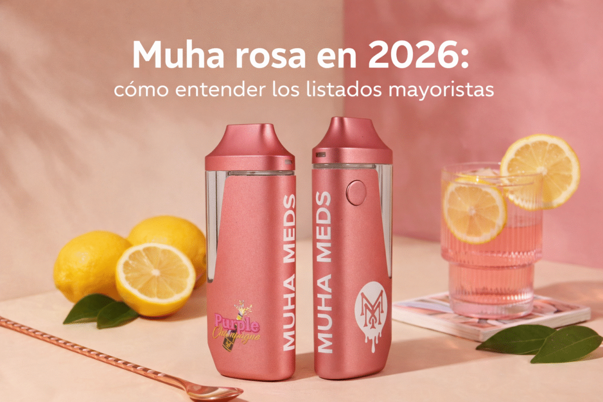 Muha rosa en 2026: dispositivo Muha Meds rosa sobre fondo pastel con limones.