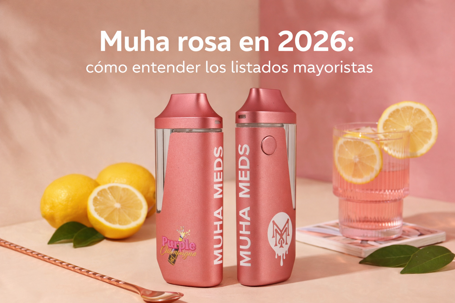 Muha rosa en 2026: dispositivo Muha Meds rosa sobre fondo pastel con limones.