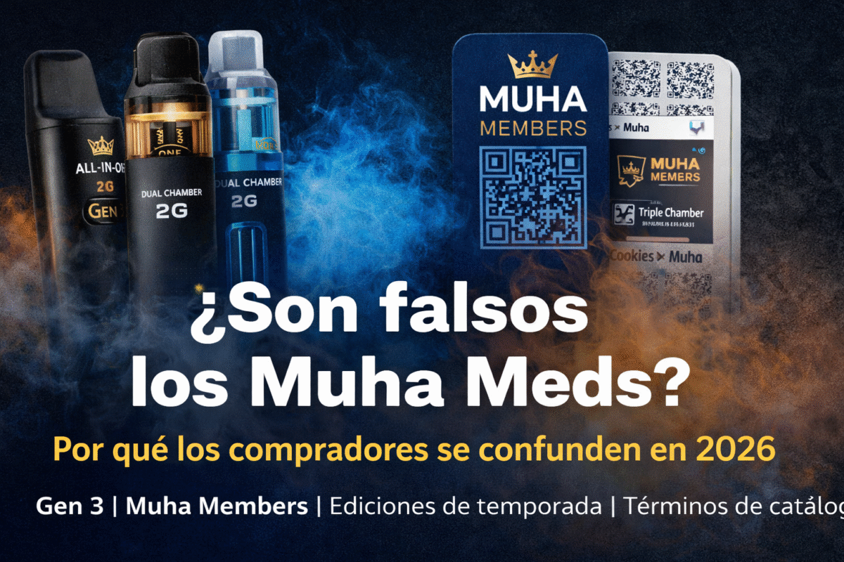 Portada del artículo sobre Muha Meds con dispositivos vape, Muha Members y la confusión de los compradores en 2026