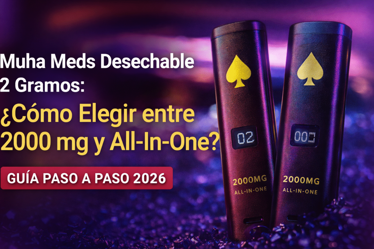 Portada de blog de Muha Meds desechable 2 gramos con dos dispositivos y texto sobre 2000 mg vs All-In-One