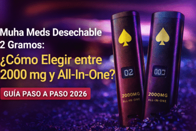 Portada de blog de Muha Meds desechable 2 gramos con dos dispositivos y texto sobre 2000 mg vs All-In-One