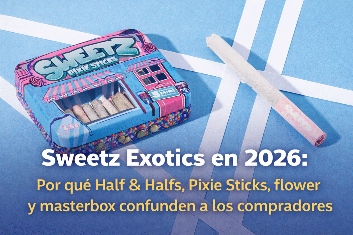 Portada del blog sobre Sweetz Exotics en 2026 con caja Pixie Sticks y texto sobre Half & Halfs, flower y masterbox