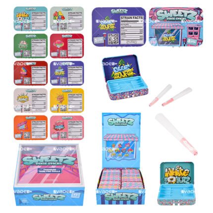 Sweetz Pixie Sticks: collage del producto con caja expositora, cajitas metálicas y pre rolls.