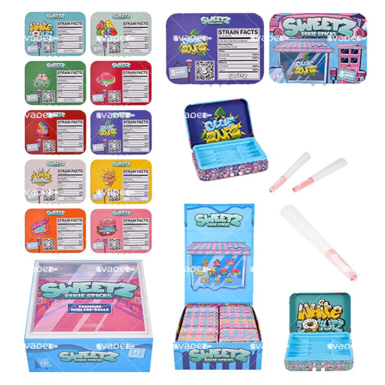 Sweetz Pixie Sticks: collage del producto con caja expositora, cajitas metálicas y pre rolls.