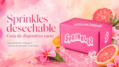 Sprinkles desechable con caja Sprinklez rosa, guía de dispositivo vacío para empaque y control de proveedor.