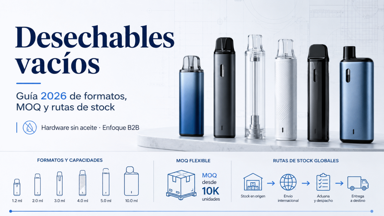 Desechables vacíos: guía 2026 de formatos, MOQ y rutas de stock para hardware sin aceite B2B.