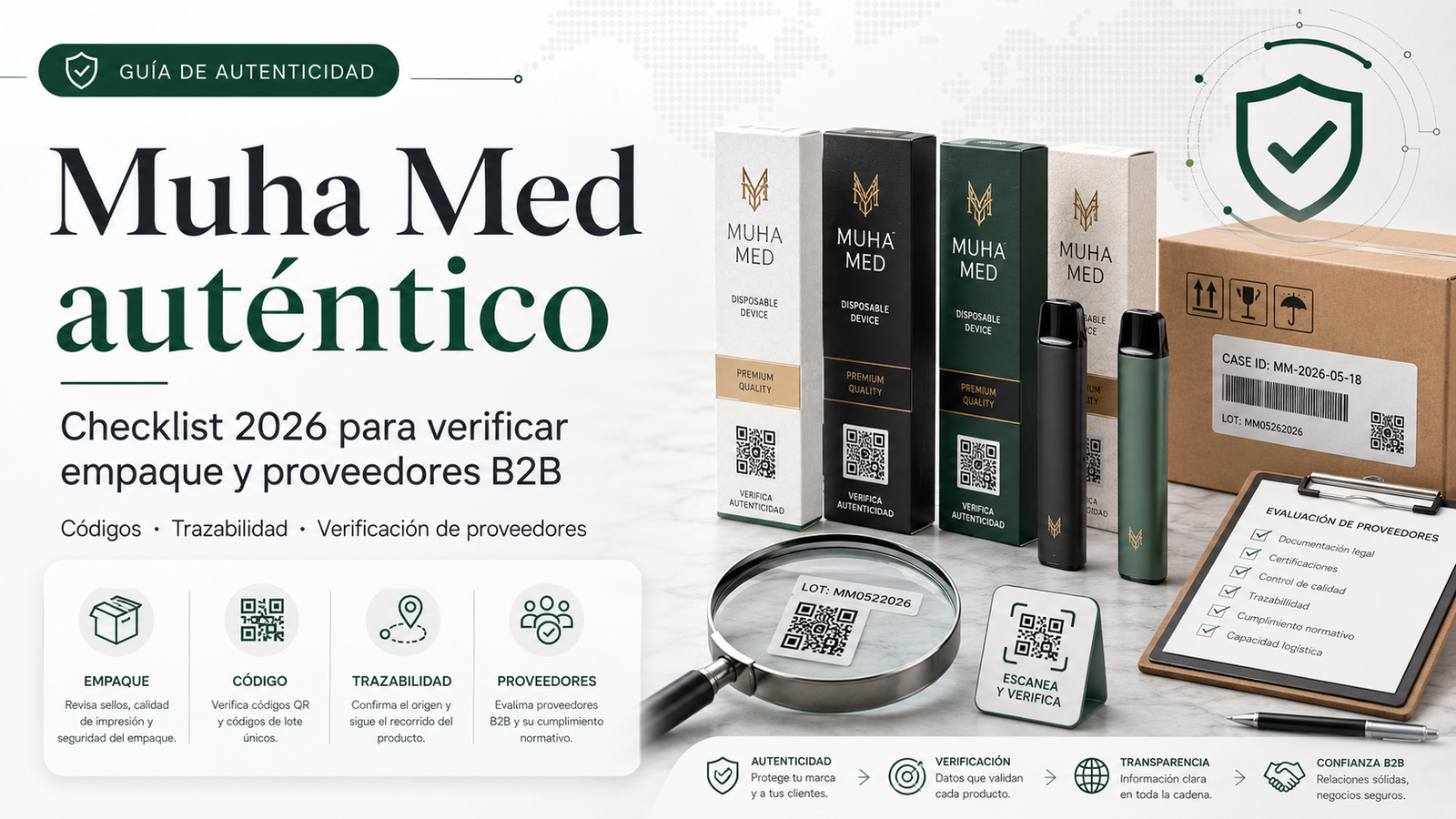Muha Med auténtico: checklist 2026 para verificar empaque, códigos, trazabilidad y proveedores B2B.