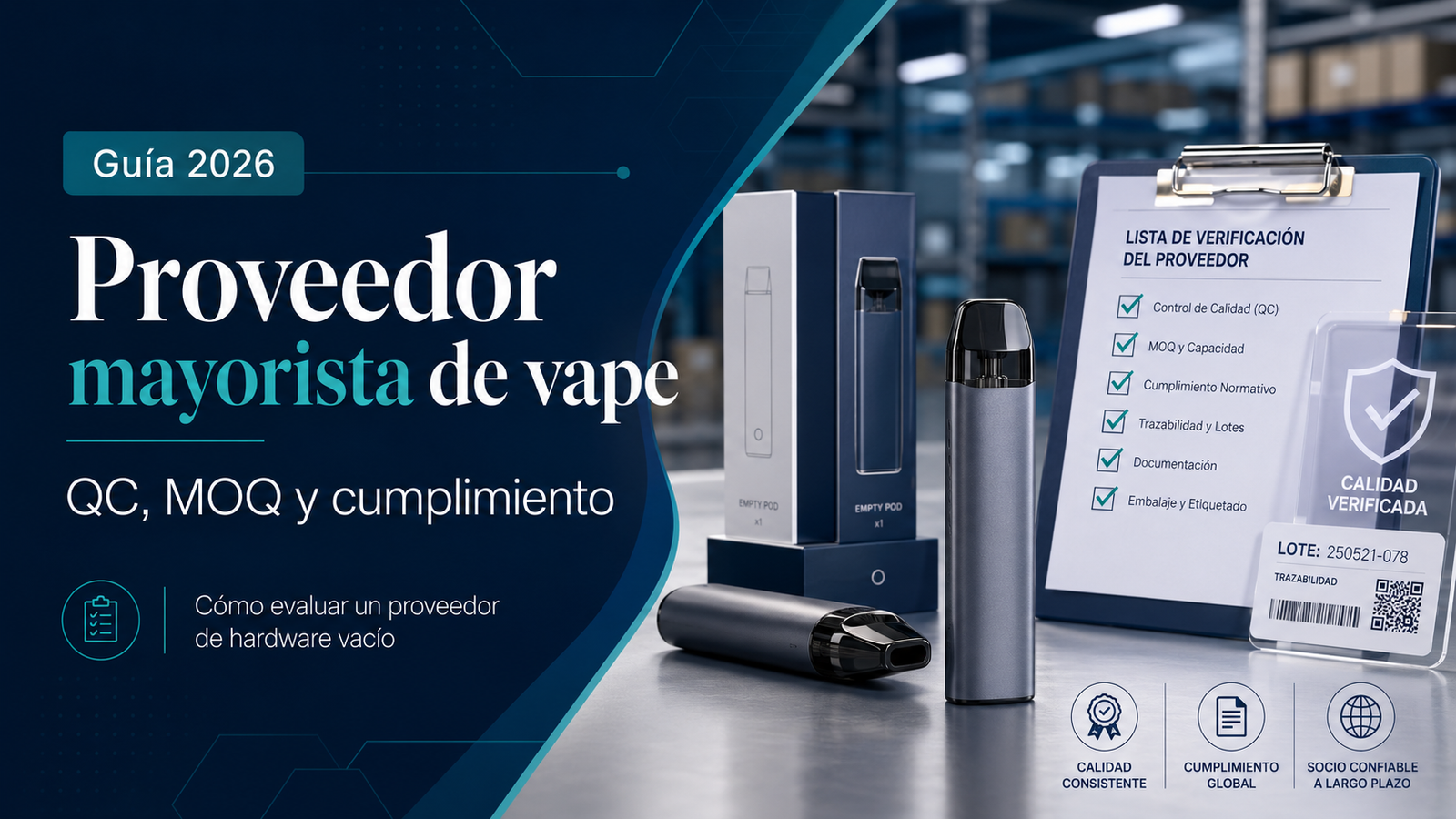 Portada de guía 2026 sobre proveedor mayorista de vape, QC, MOQ y cumplimiento para hardware vacío.