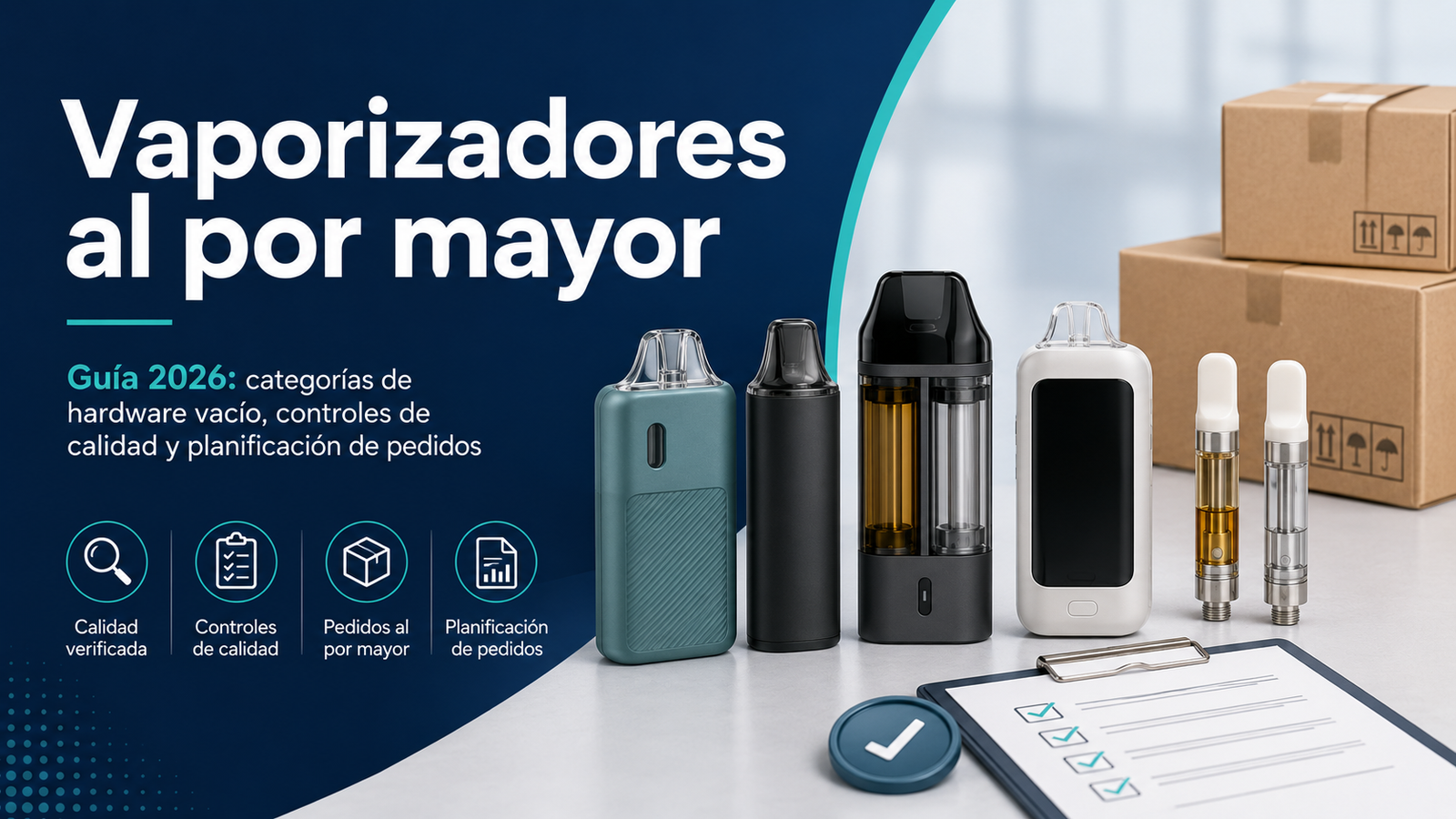 Portada de la guía 2026 sobre vaporizadores al por mayor, hardware vacío, controles de calidad y planificación de pedidos.