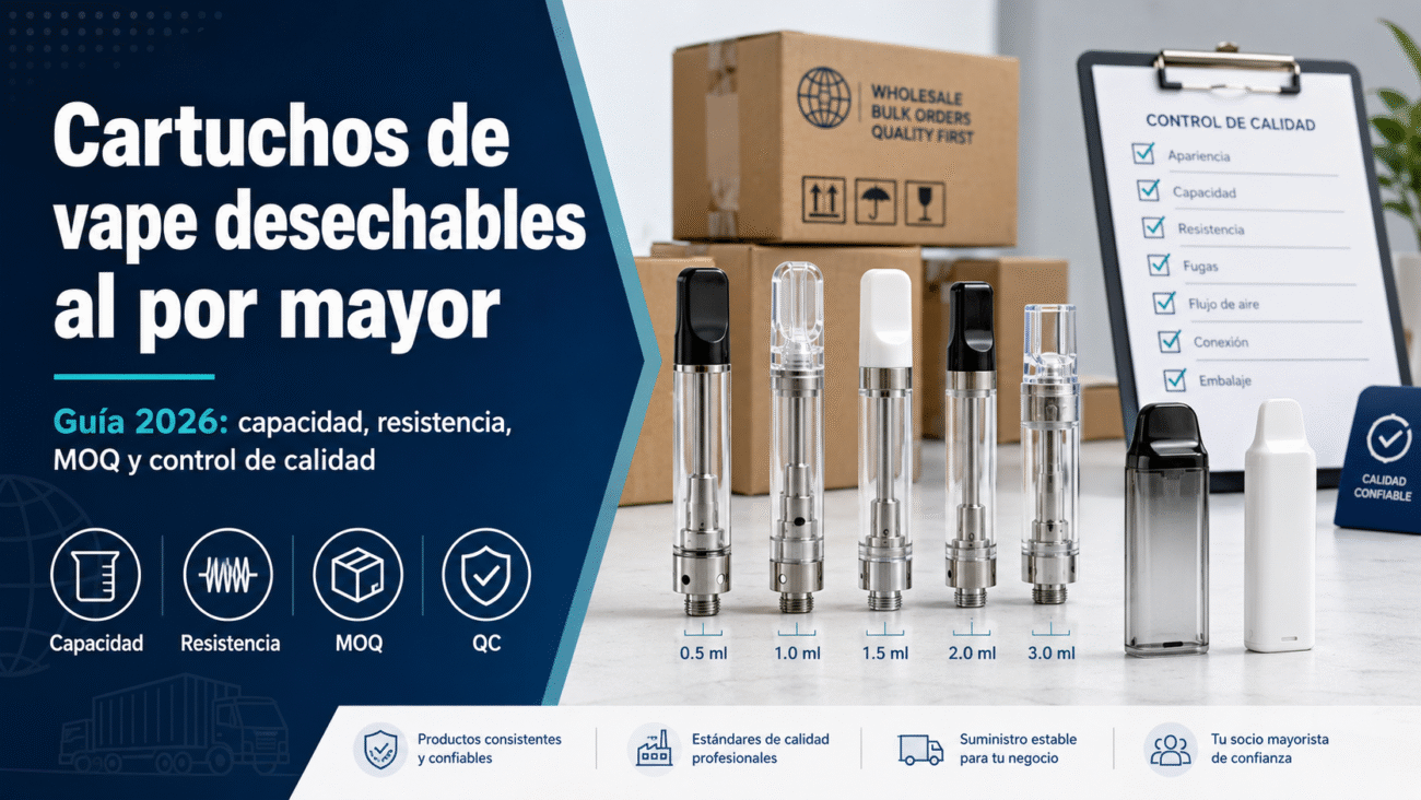 Portada de la guía 2026 sobre cartuchos de vape desechables al por mayor, capacidad, resistencia, MOQ y control de calidad.