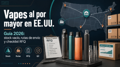 Portada de la guía 2026 sobre vapes al por mayor en EE. UU., stock vacío, rutas de envío y checklist RFQ.