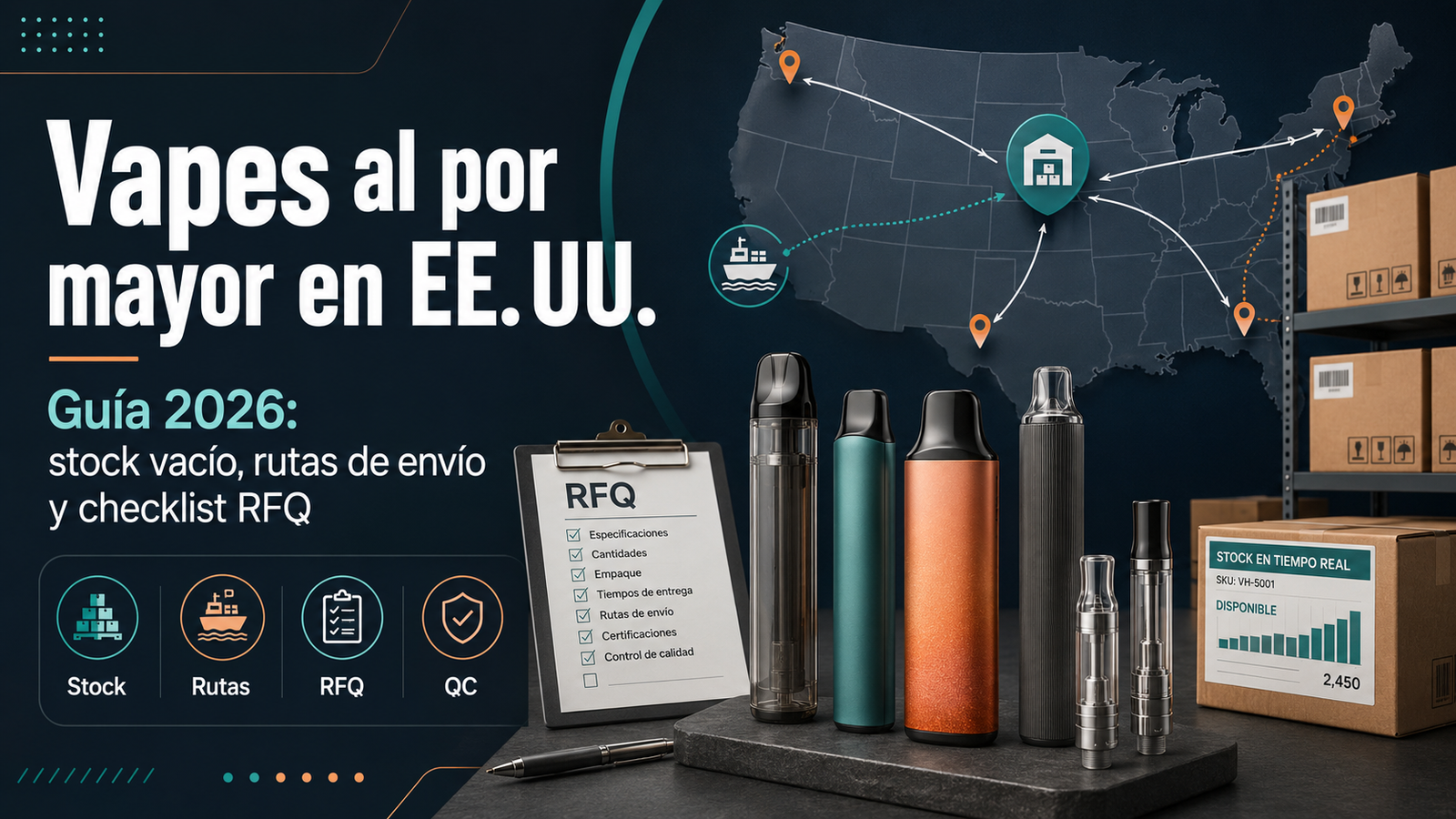 Portada de la guía 2026 sobre vapes al por mayor en EE. UU., stock vacío, rutas de envío y checklist RFQ.