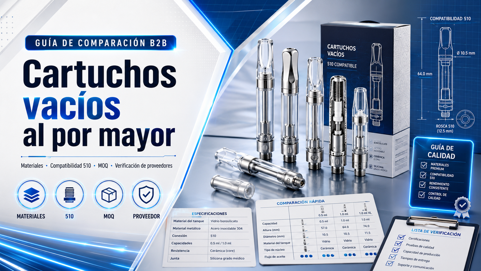 Guía B2B sobre cartuchos vacíos al por mayor, materiales, compatibilidad 510, MOQ y verificación de proveedores