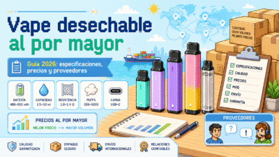 Imagen de portada en estilo pixel art para una guía de vape desechable al por mayor con especificaciones, precios y preguntas para proveedores.