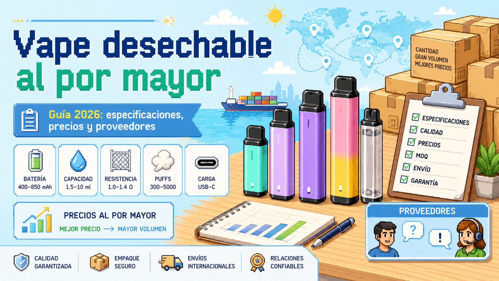 Imagen de portada en estilo pixel art para una guía de vape desechable al por mayor con especificaciones, precios y preguntas para proveedores.